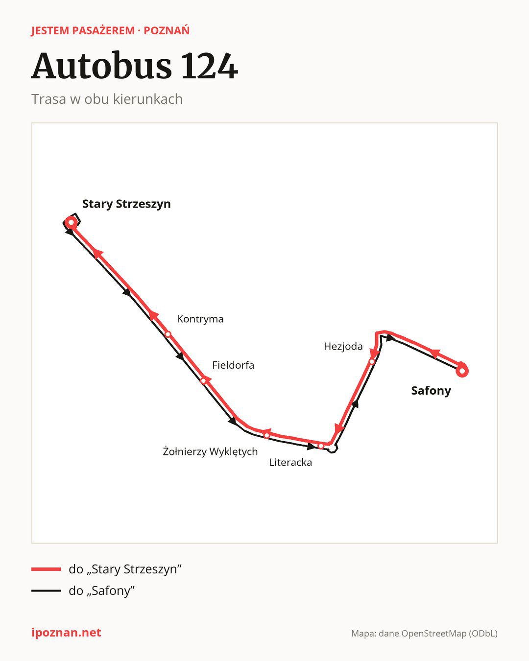Autobus 124 w Poznaniu na mapie: trasa w obu kierunkach