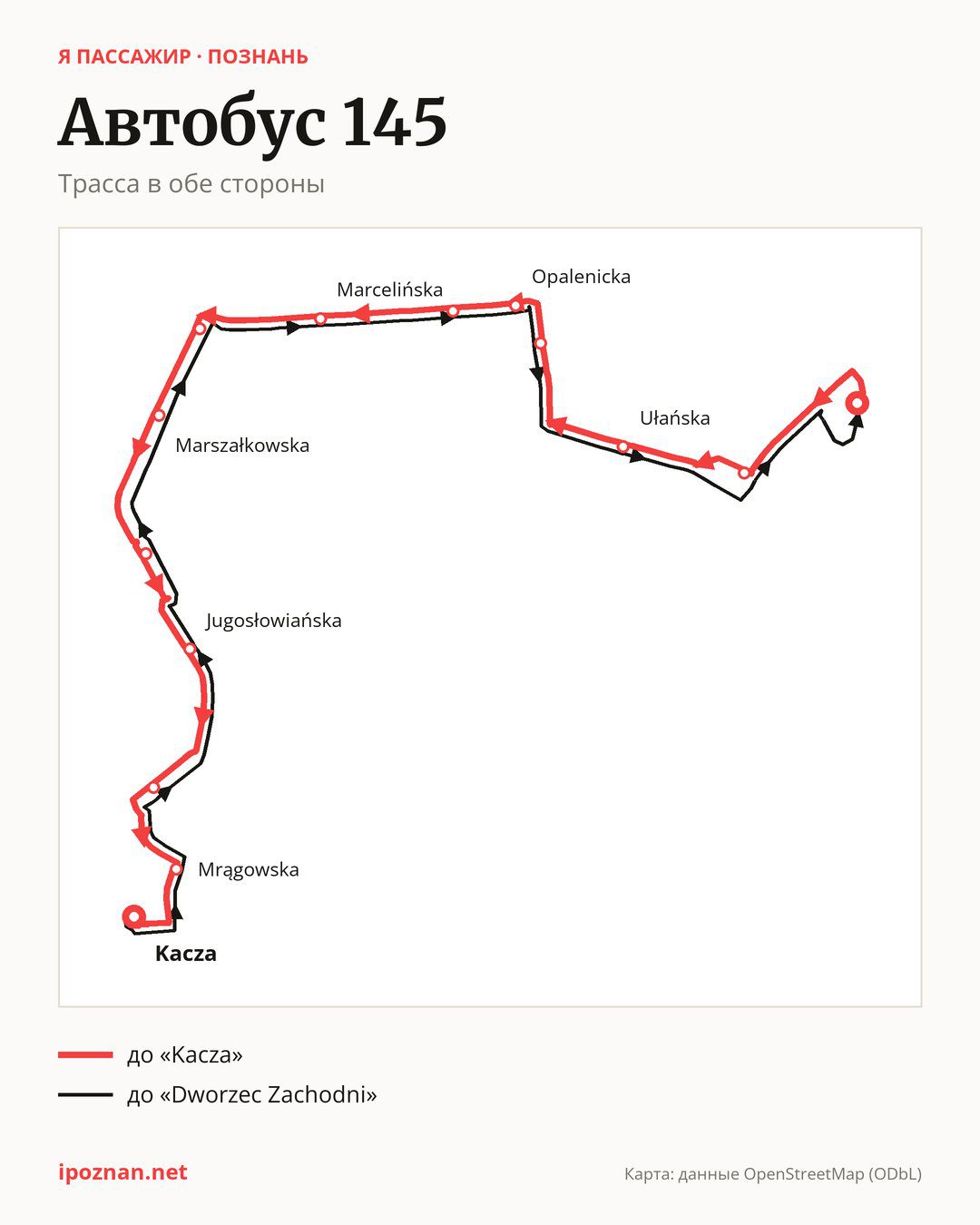 Автобус 145 в Познани на карте: трасса в обе стороны