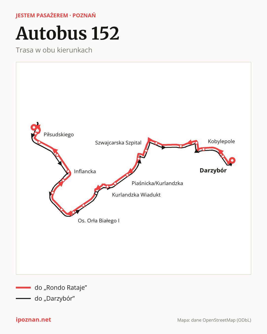 Autobus 152 w Poznaniu na mapie: trasa w obu kierunkach