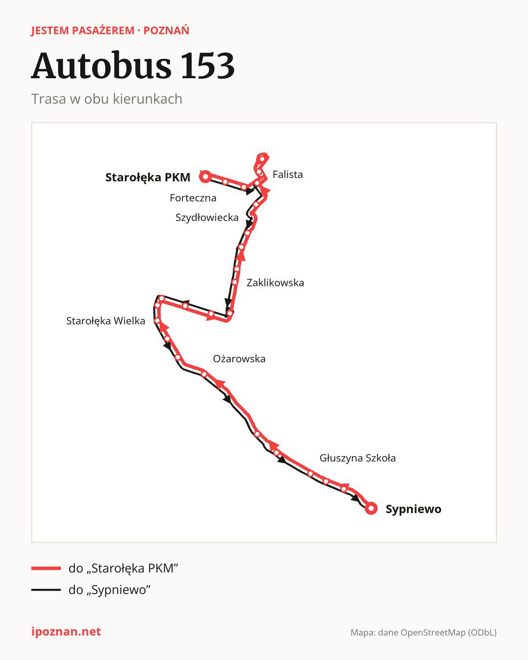Autobus 153 w Poznaniu na mapie: trasa w obu kierunkach