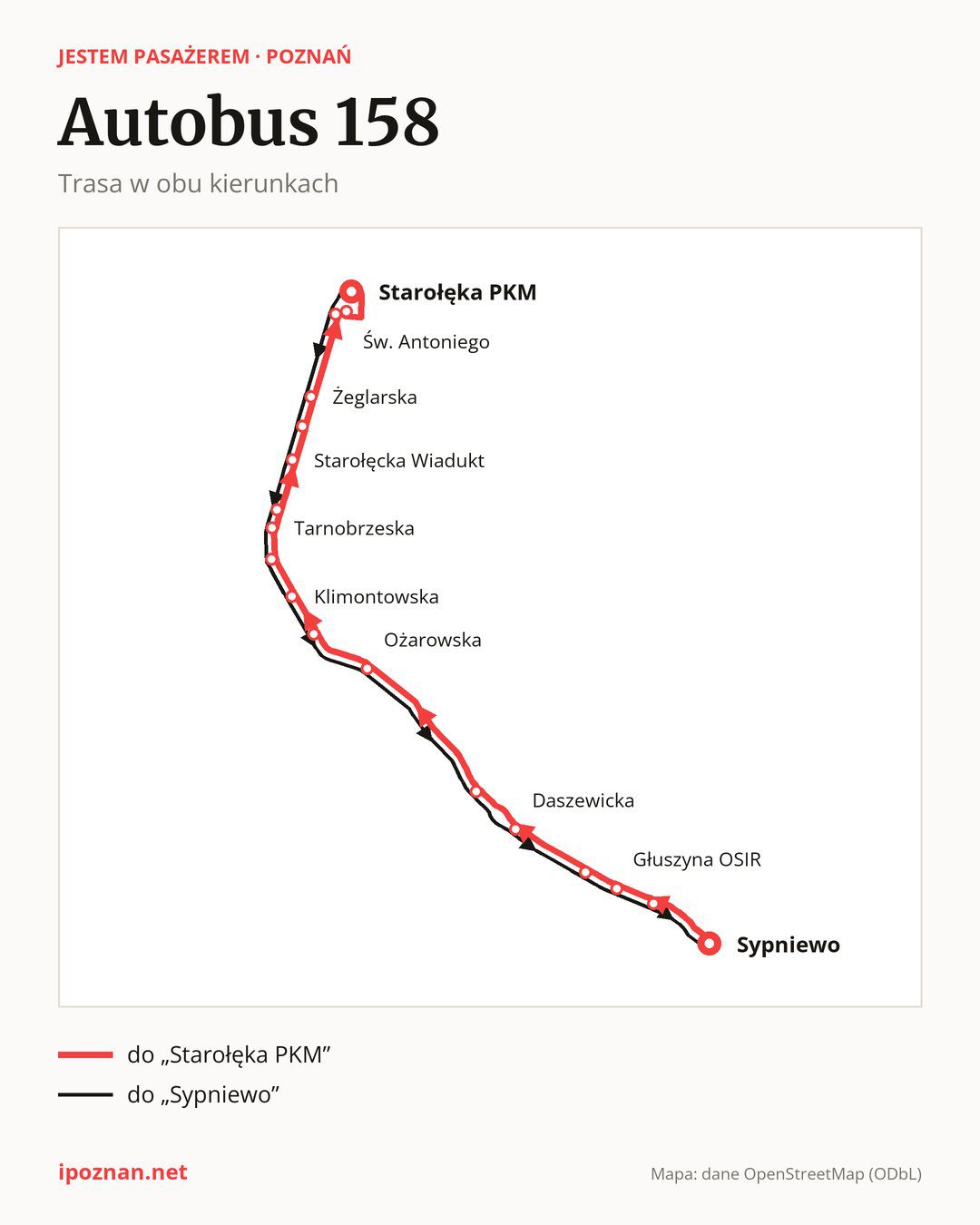 Autobus 158 w Poznaniu na mapie: trasa w obu kierunkach