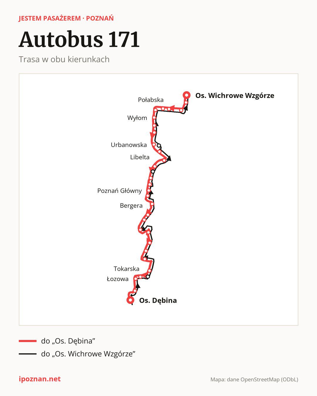 Autobus 171 w Poznaniu na mapie: trasa w obu kierunkach