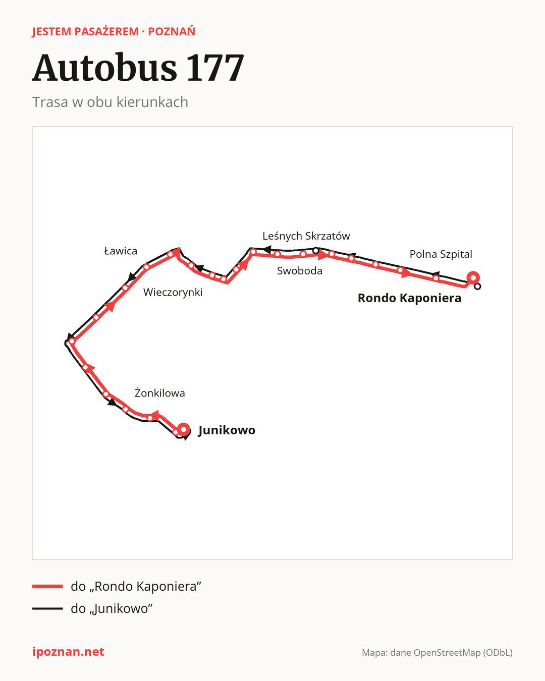 Autobus 177 w Poznaniu na mapie: trasa w obu kierunkach