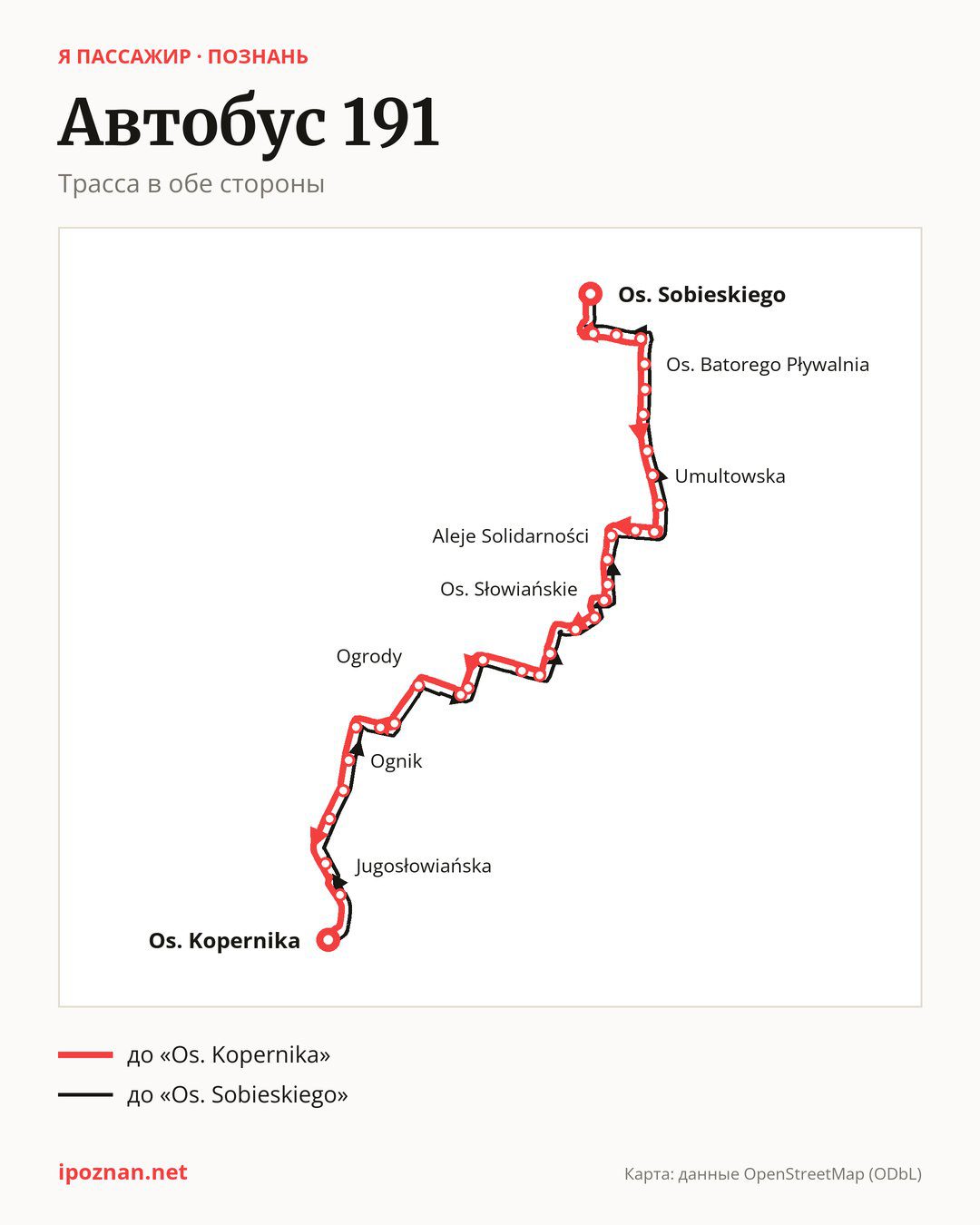 Автобус 191 в Познани на карте: трасса в обе стороны