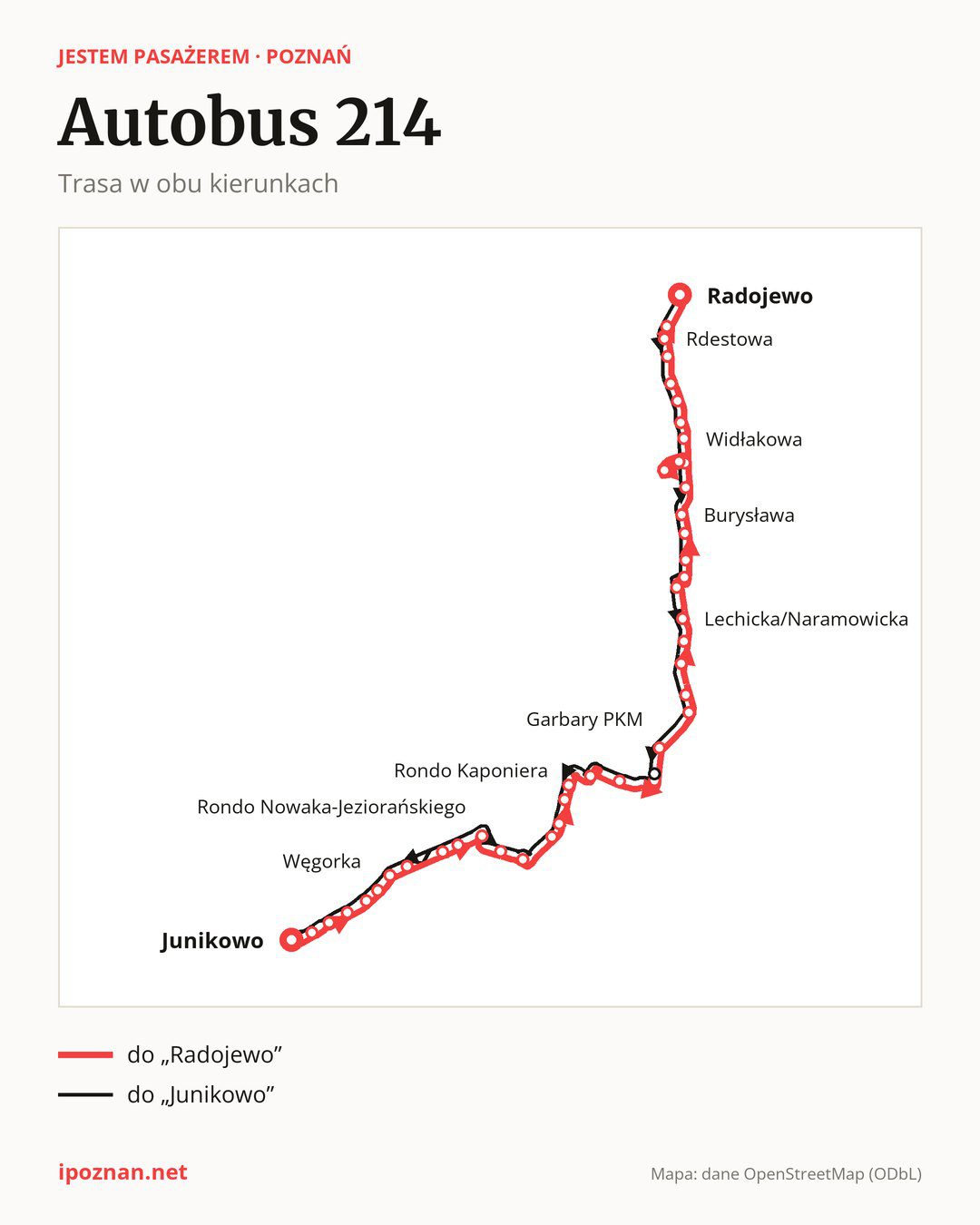 Autobus nocny 214 w Poznaniu na mapie: trasa w obu kierunkach