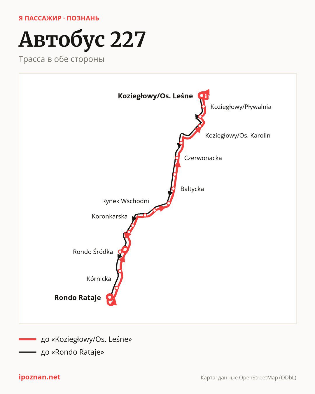 Ночной автобус 227 в Познани на карте: трасса в обе стороны