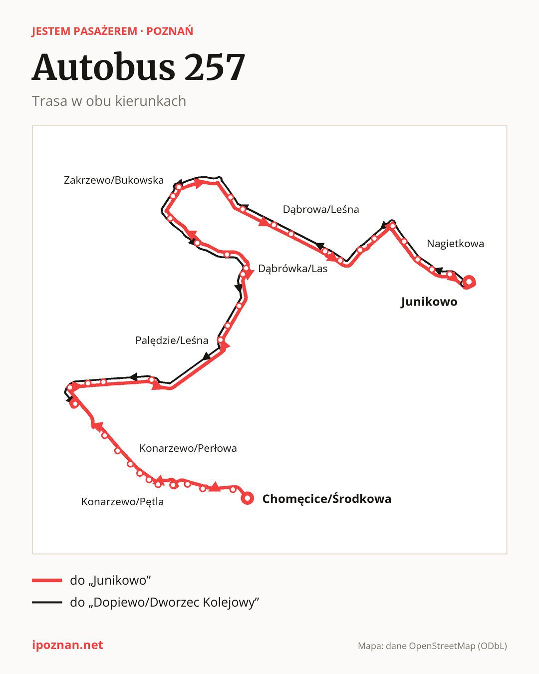 Autobus nocny 257 w Poznaniu na mapie: trasa w obu kierunkach