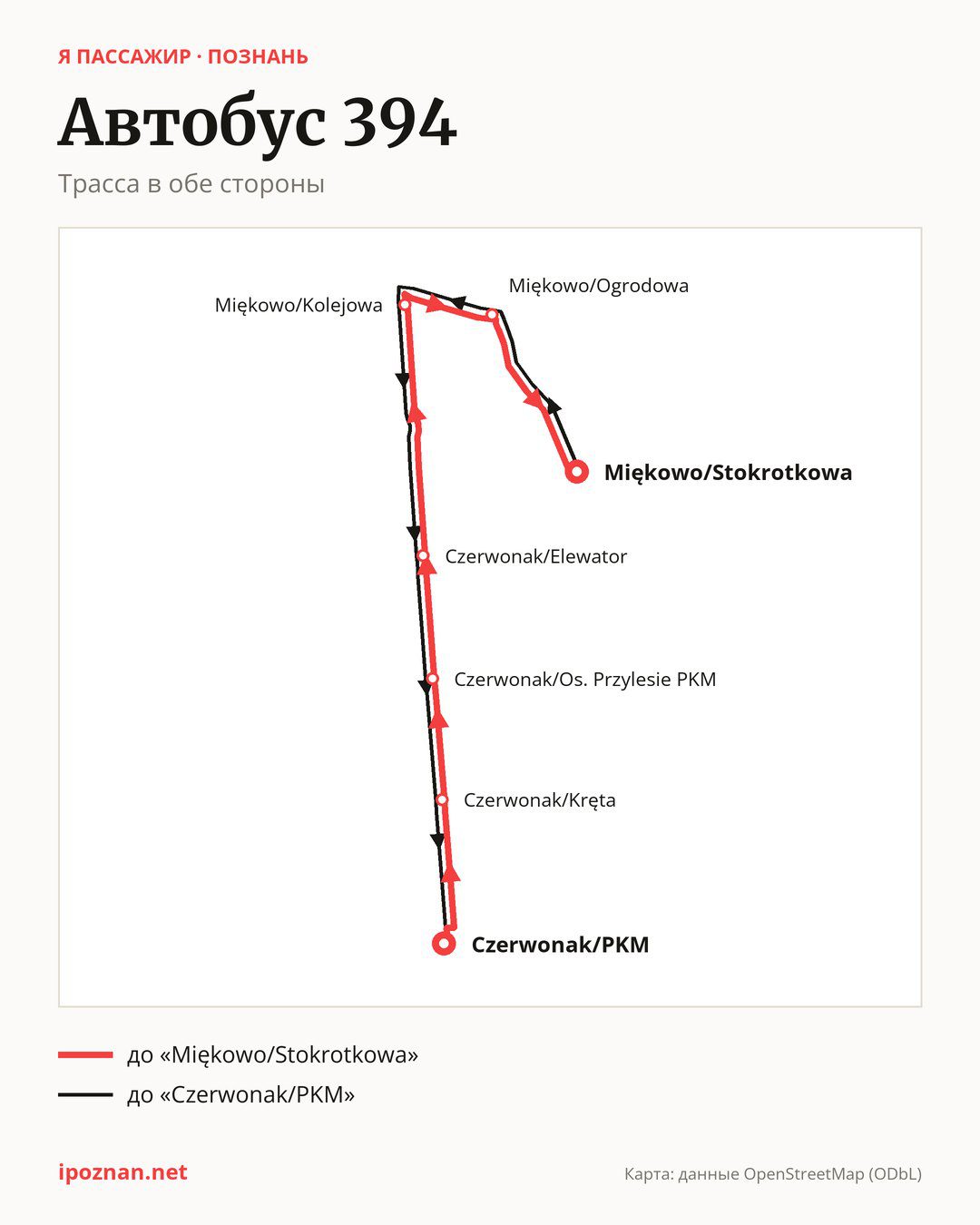 Автобус 394 в Познани на карте: трасса в обе стороны