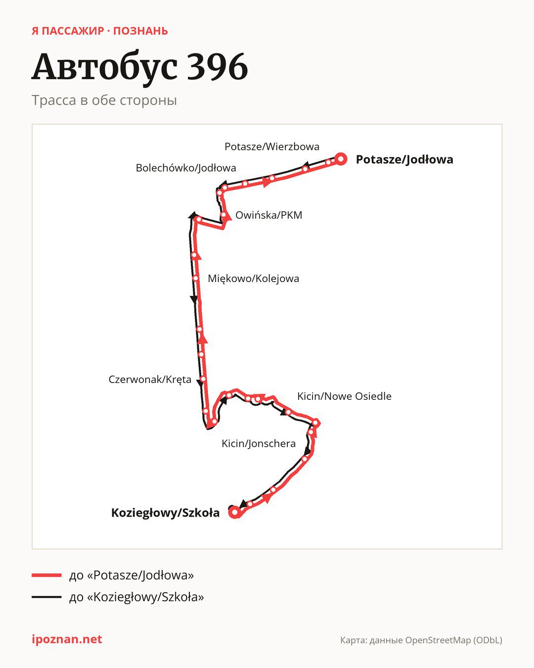 Автобус 396 в Познани на карте: трасса в обе стороны
