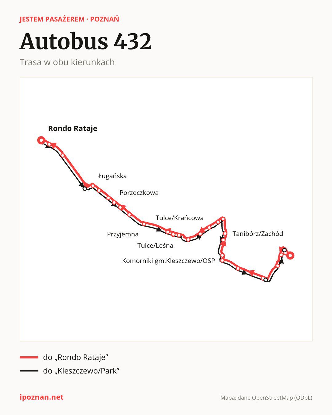 Autobus 432 w Poznaniu na mapie: trasa w obu kierunkach