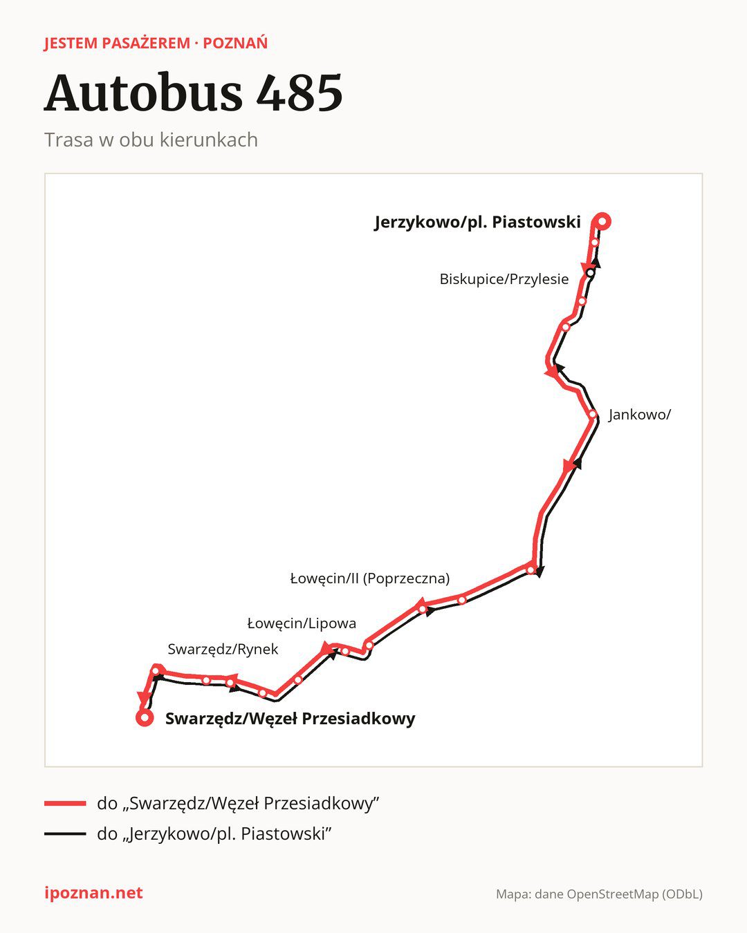 Autobus 485 w Poznaniu na mapie: trasa w obu kierunkach