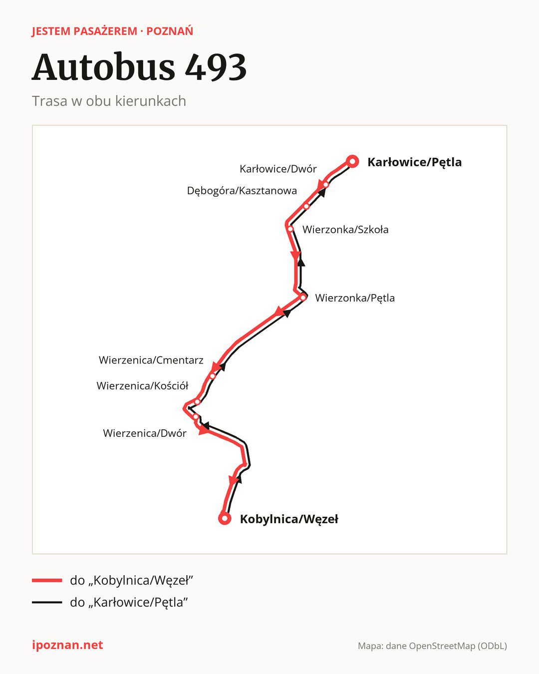 Autobus 493 w Poznaniu na mapie: trasa w obu kierunkach
