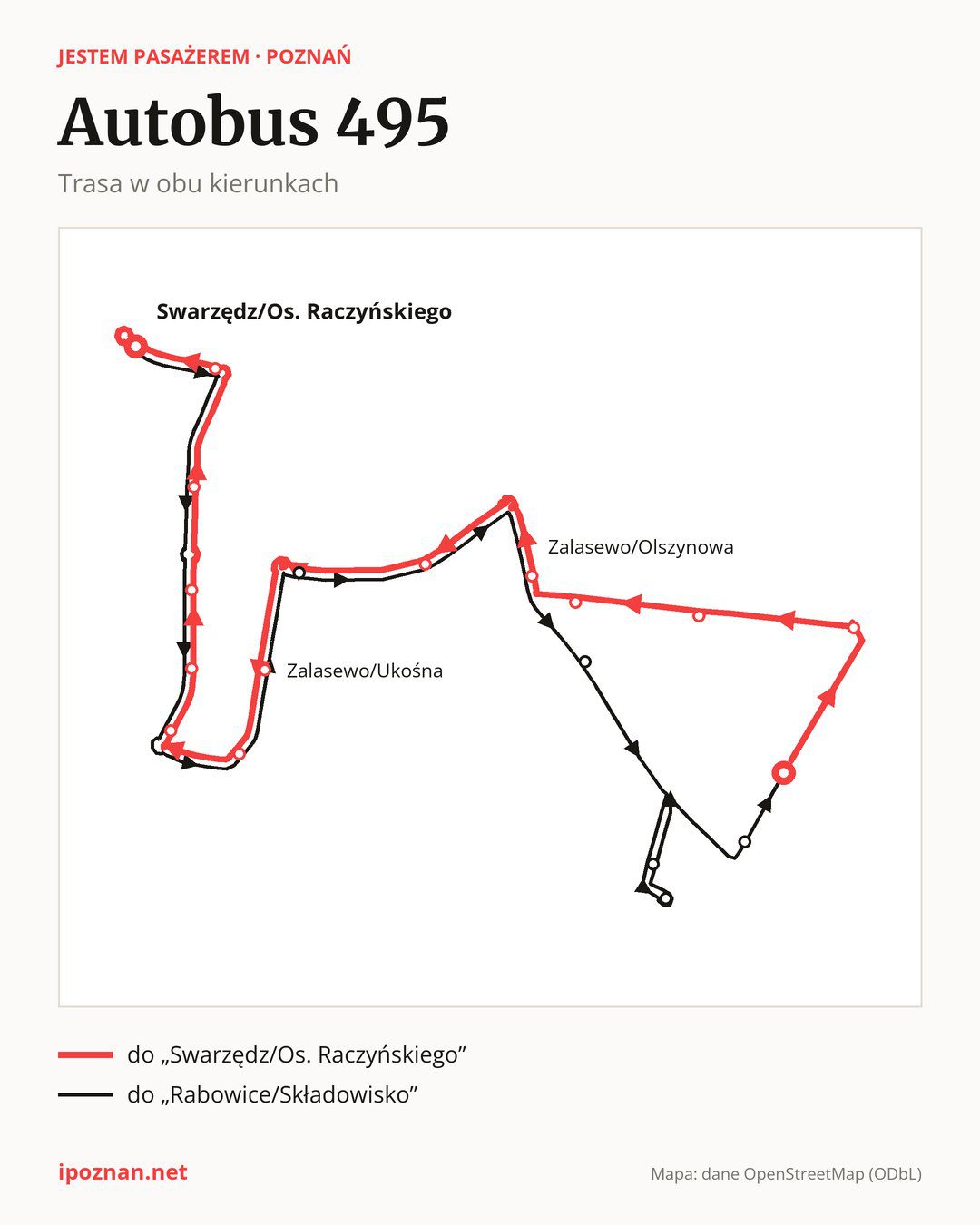 Autobus 495 w Poznaniu na mapie: trasa w obu kierunkach
