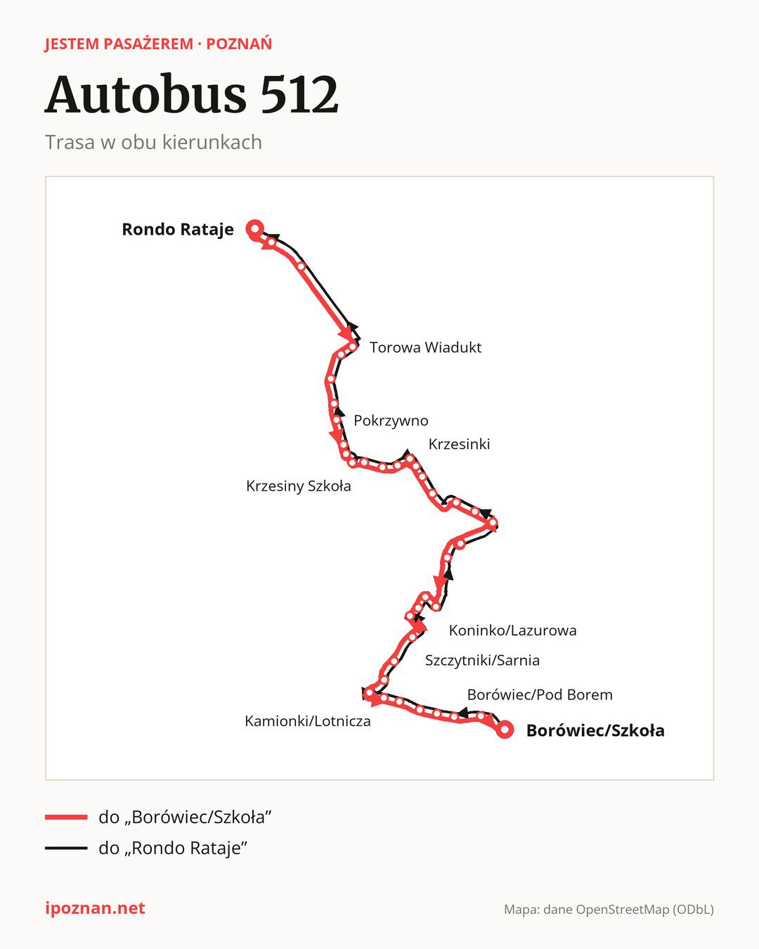 Autobus 512 w Poznaniu na mapie: trasa w obu kierunkach
