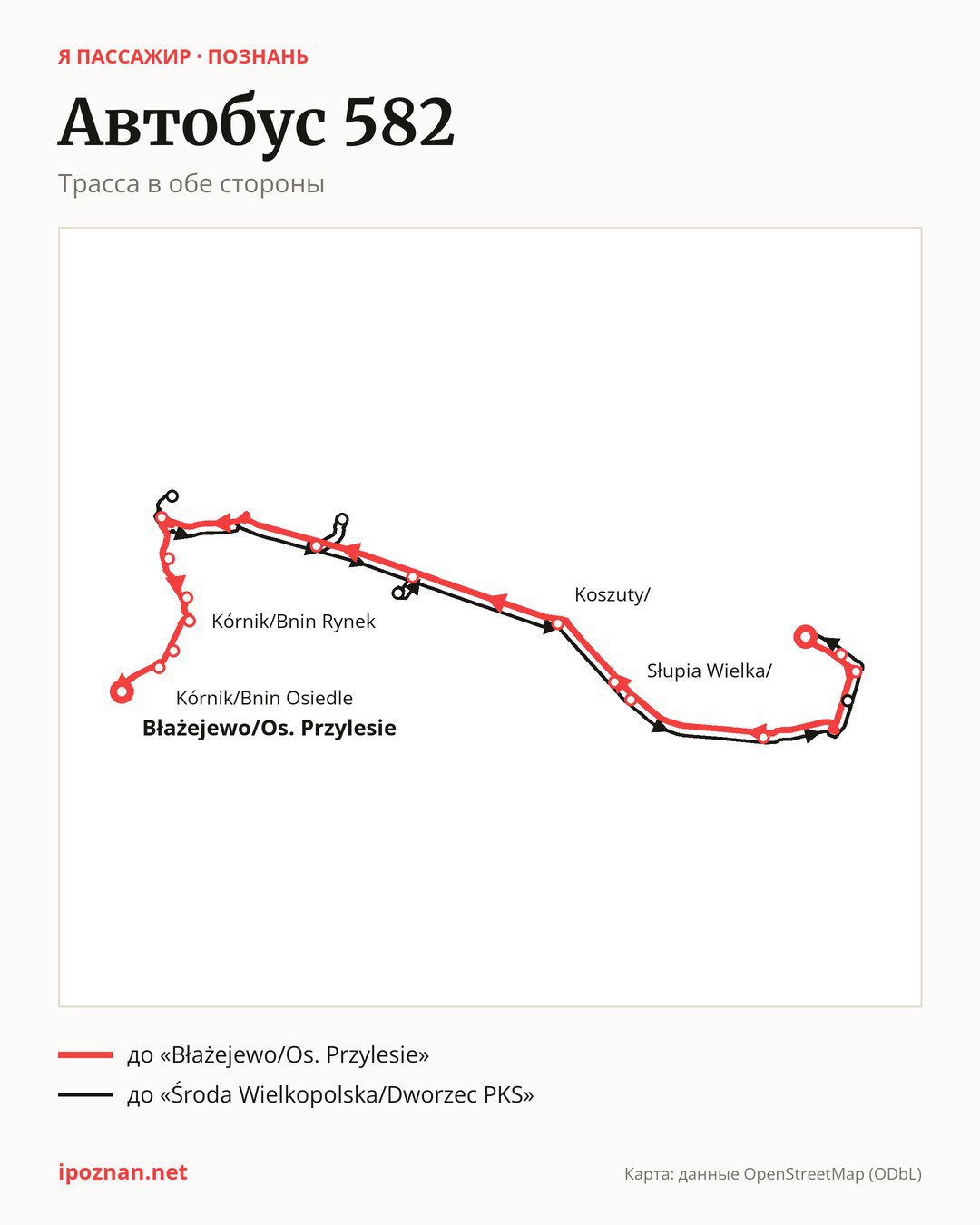 Автобус 582 в Познани на карте: трасса в обе стороны