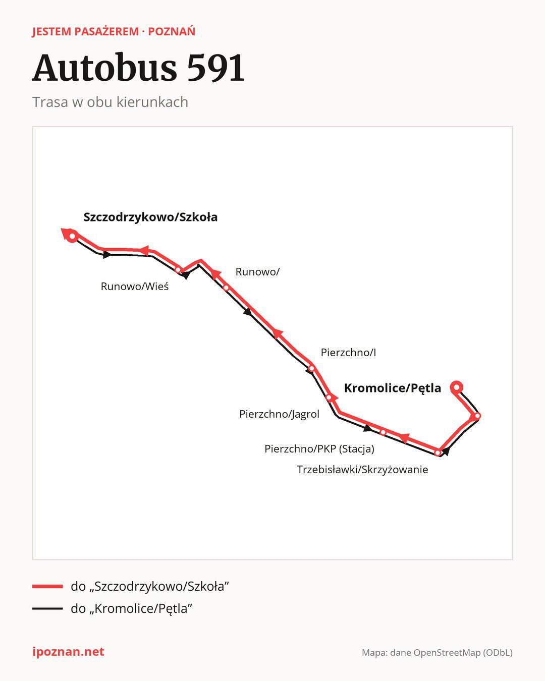 Autobus 591 w Poznaniu na mapie: trasa w obu kierunkach