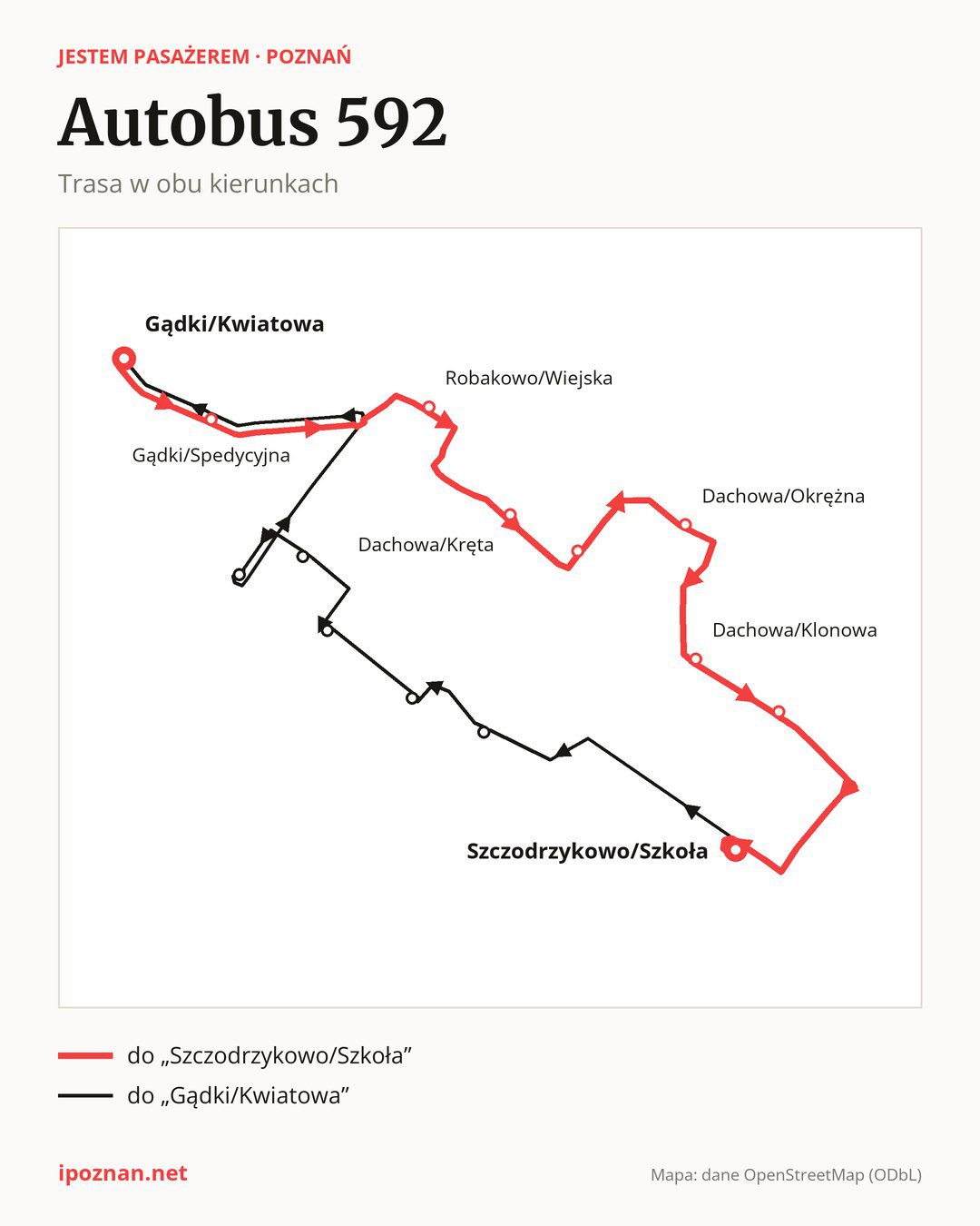 Autobus 592 w Poznaniu na mapie: trasa w obu kierunkach