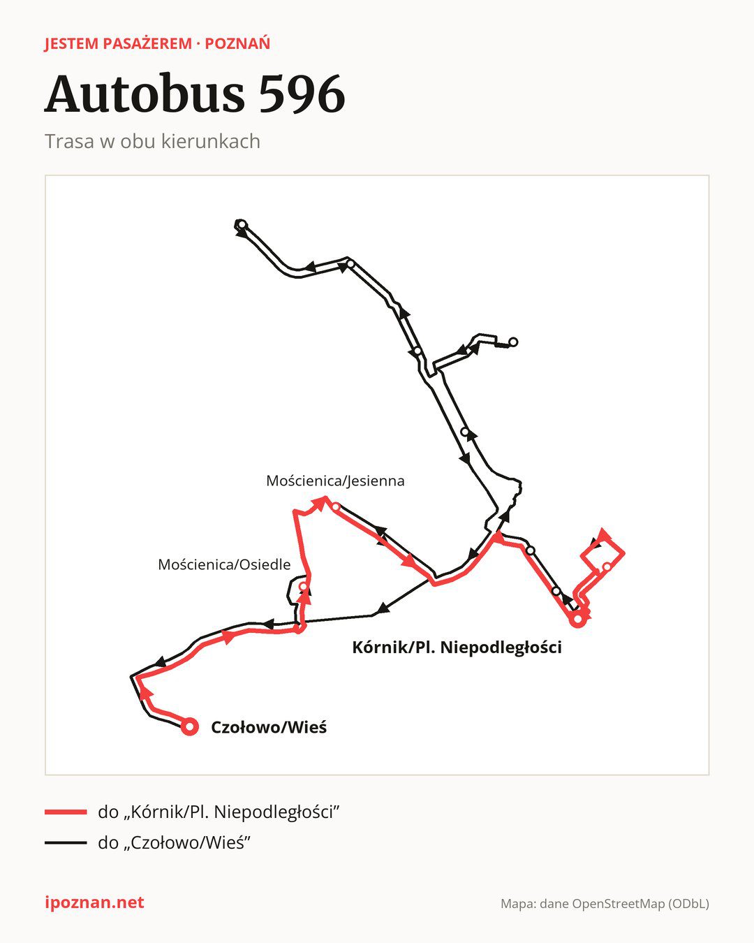 Autobus 596 w Poznaniu na mapie: trasa w obu kierunkach