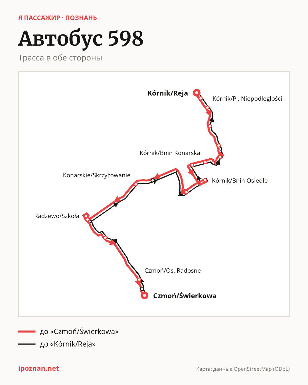 Автобус 598 в Познани на карте: трасса в обе стороны