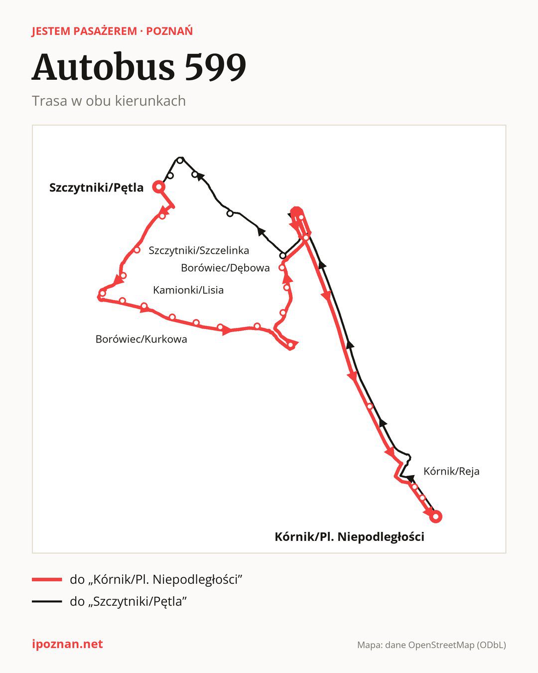 Autobus 599 w Poznaniu na mapie: trasa w obu kierunkach