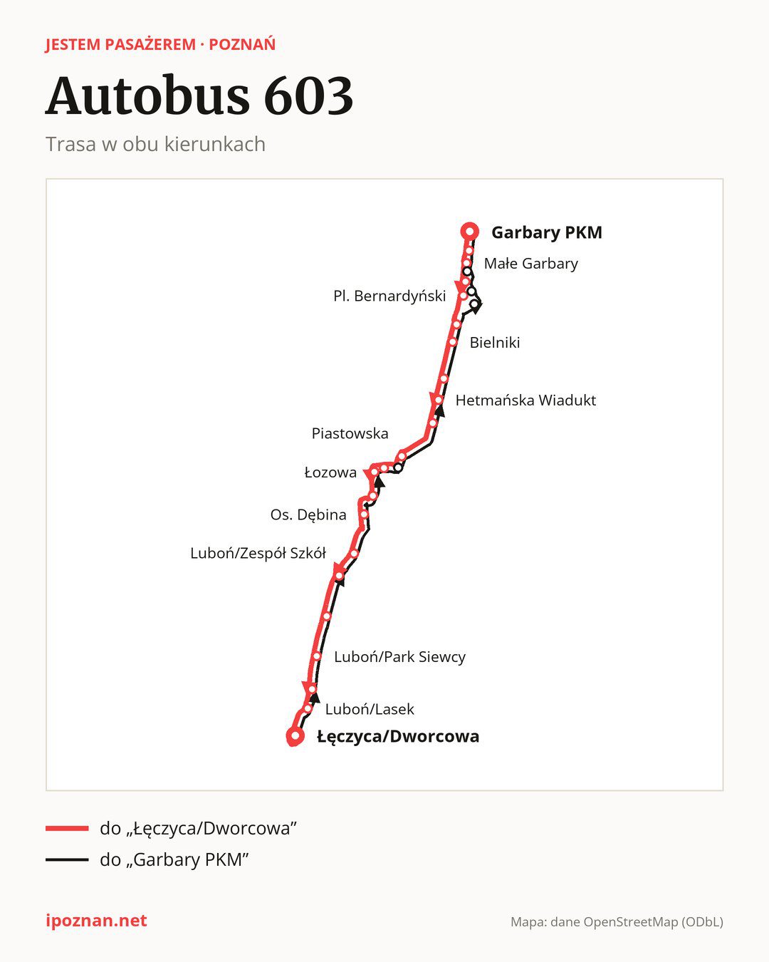 Autobus 603 w Poznaniu na mapie: trasa w obu kierunkach