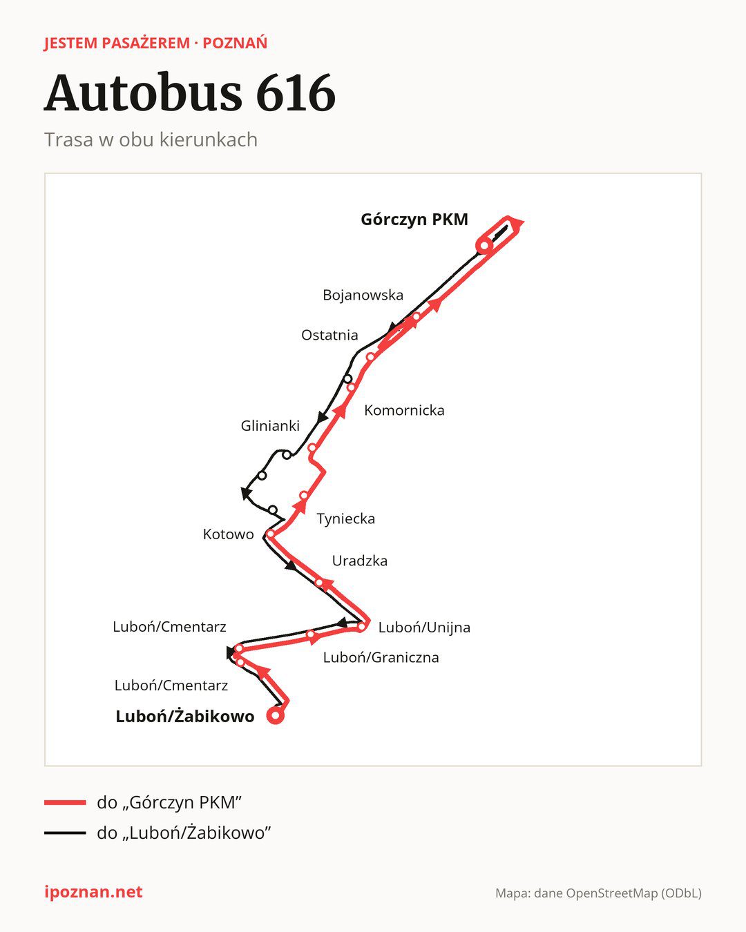 Autobus 616 w Poznaniu na mapie: trasa w obu kierunkach