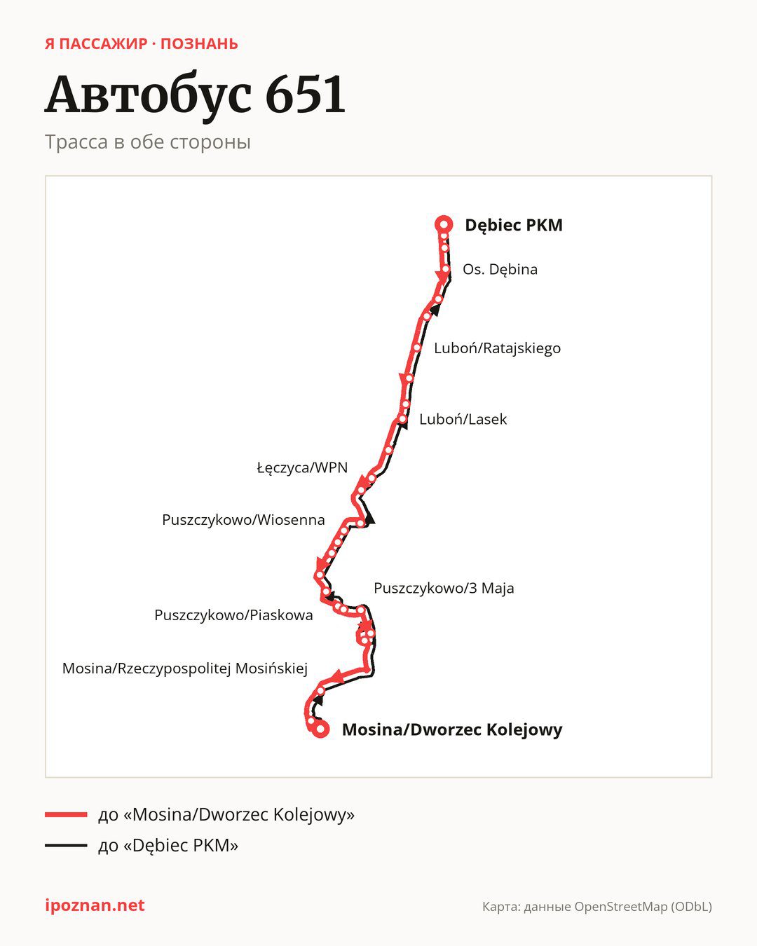 Автобус 651 в Познани на карте: трасса в обе стороны