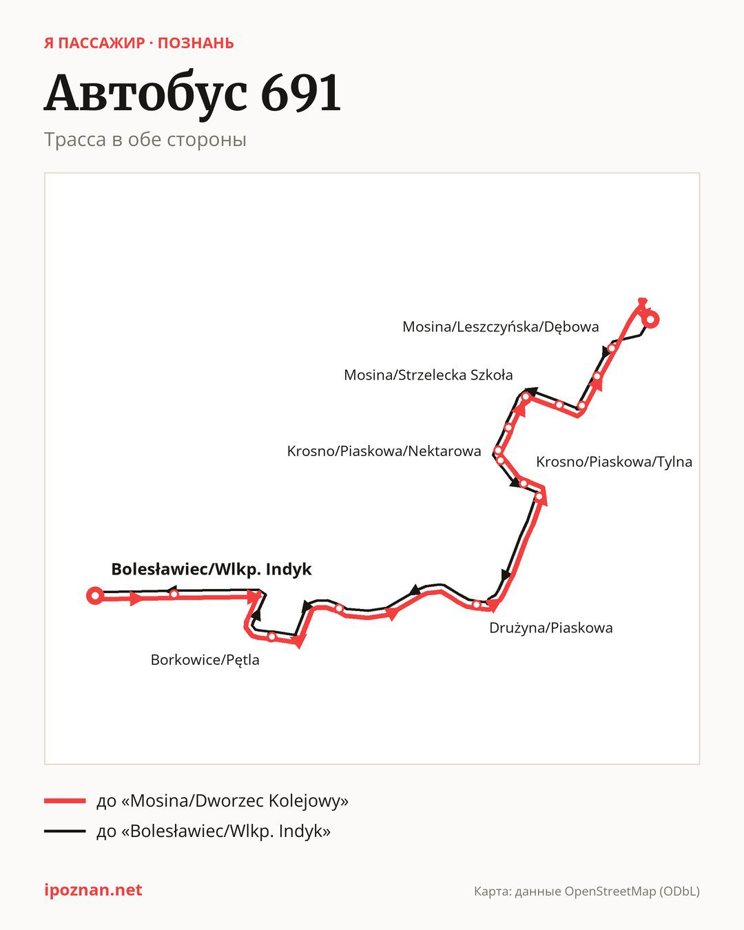 Автобус 691 в Познани на карте: трасса в обе стороны