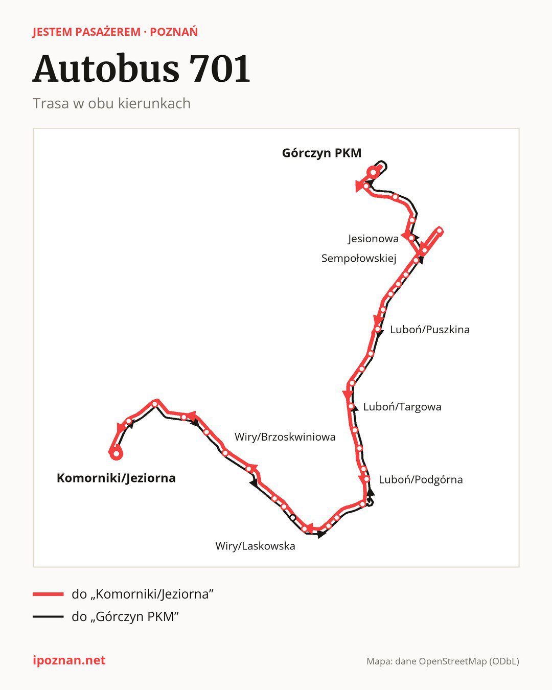 Autobus 701 w Poznaniu na mapie: trasa w obu kierunkach