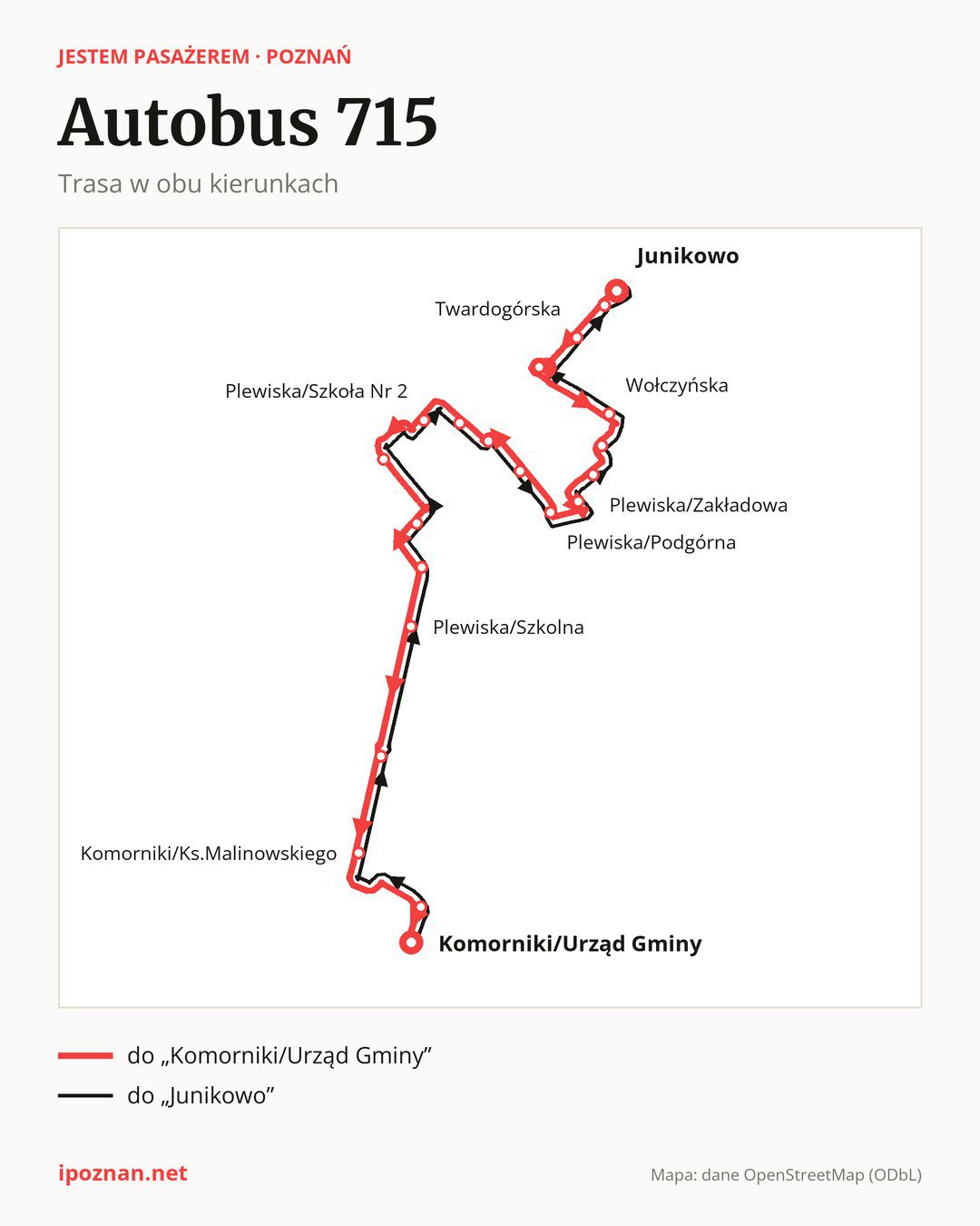Autobus 715 w Poznaniu na mapie: trasa w obu kierunkach