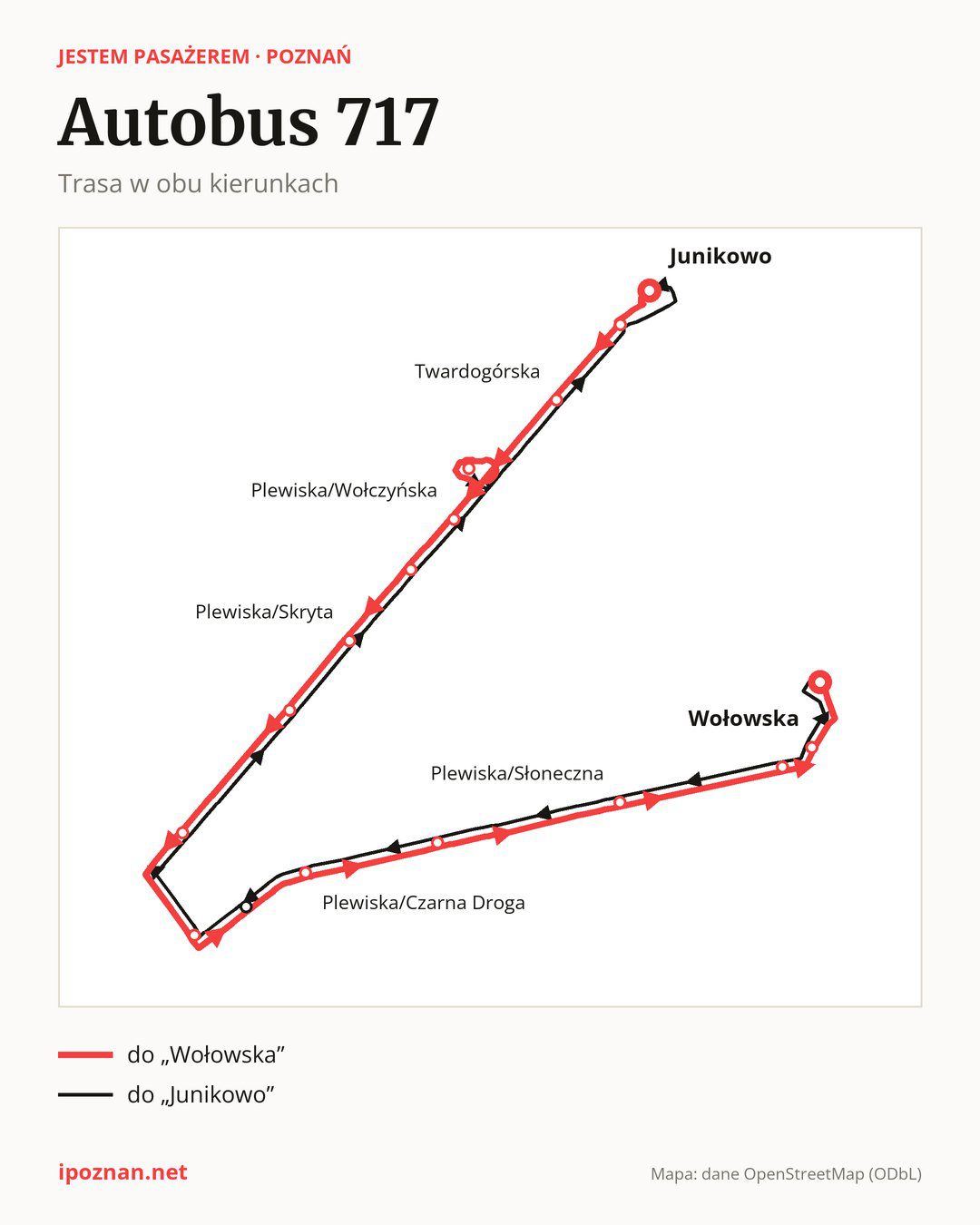 Autobus 717 w Poznaniu na mapie: trasa w obu kierunkach