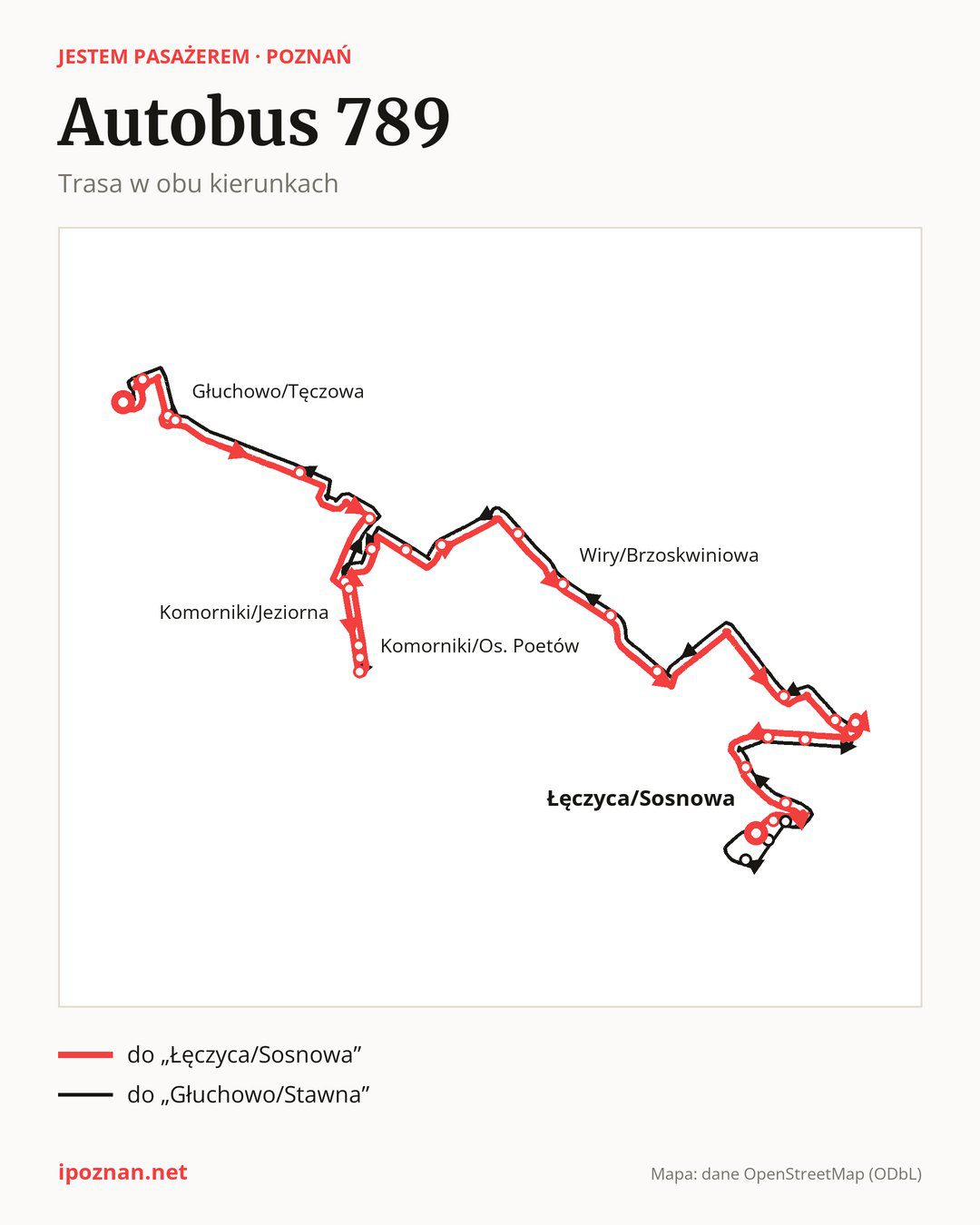 Autobus 789 w Poznaniu na mapie: trasa w obu kierunkach