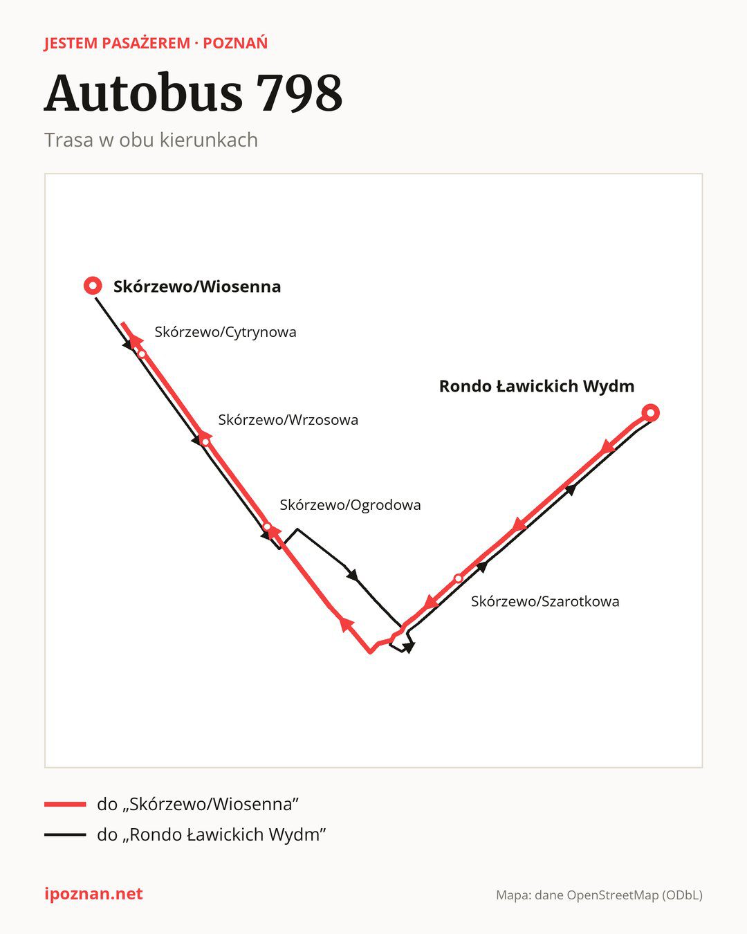 Autobus 798 w Poznaniu na mapie: trasa w obu kierunkach