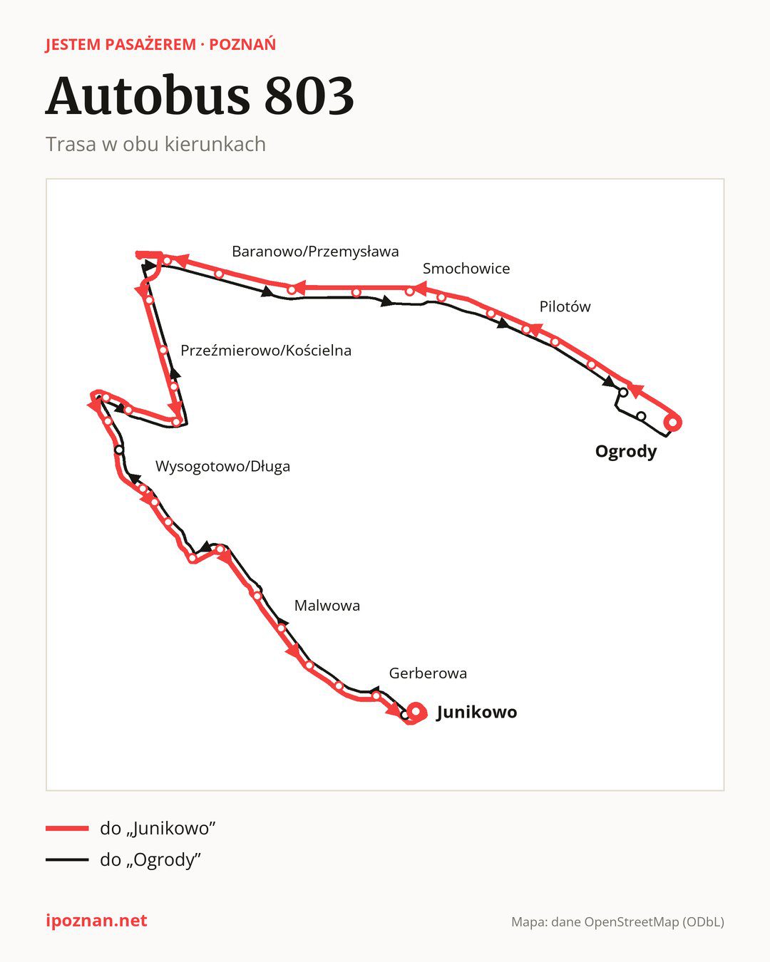 Autobus 803 w Poznaniu na mapie: trasa w obu kierunkach