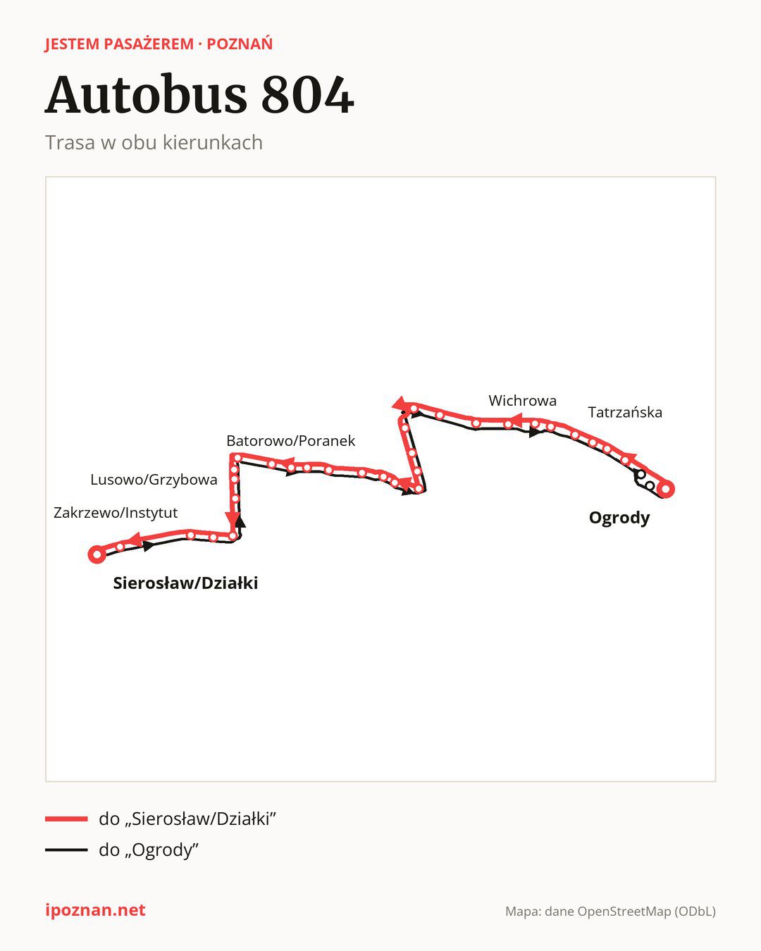 Autobus 804 w Poznaniu na mapie: trasa w obu kierunkach
