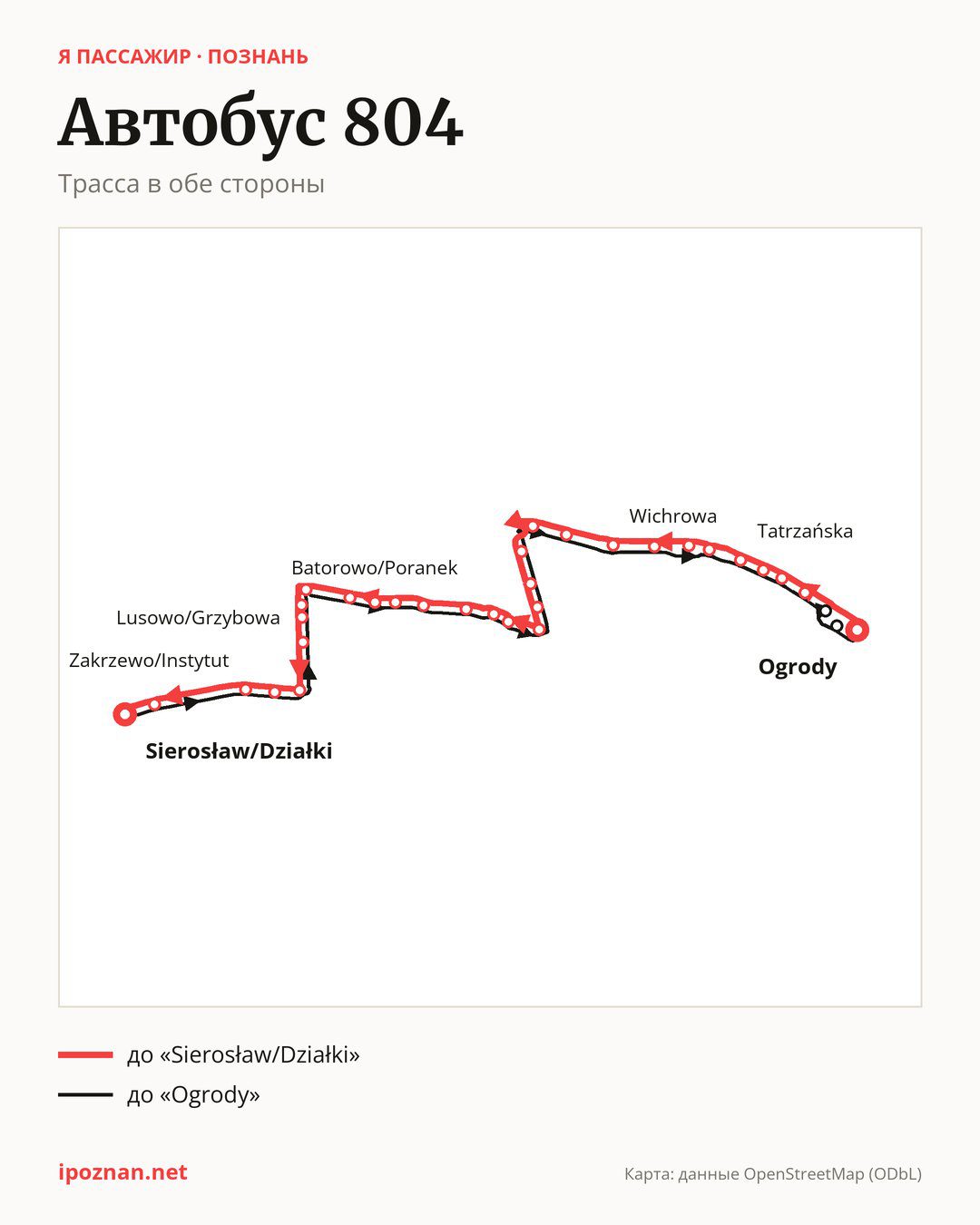 Автобус 804 в Познани на карте: трасса в обе стороны