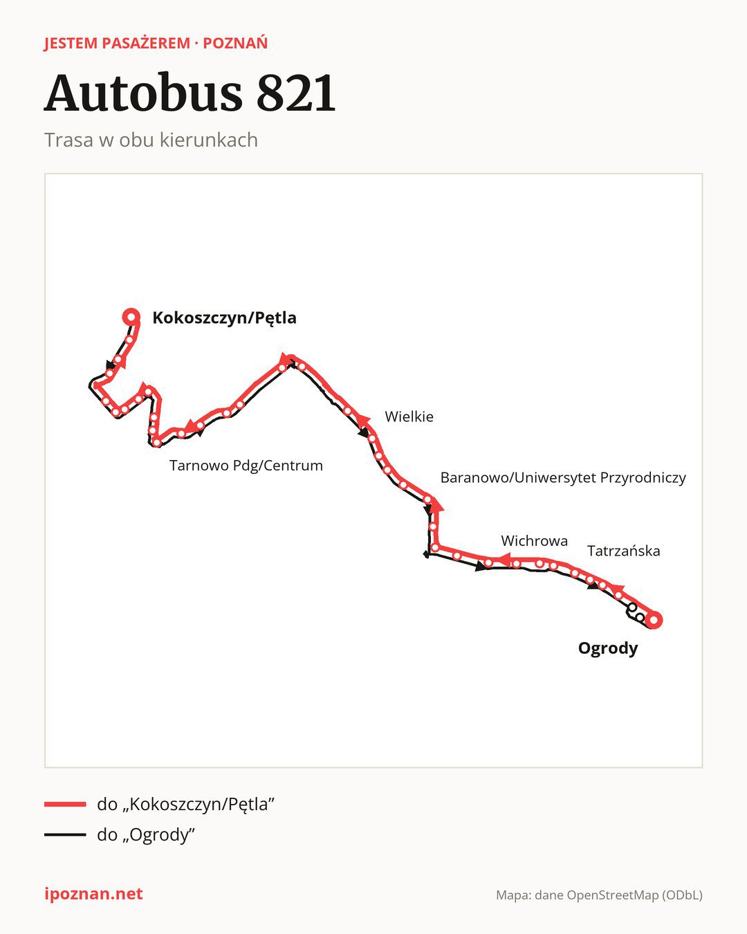 Autobus 821 w Poznaniu na mapie: trasa w obu kierunkach