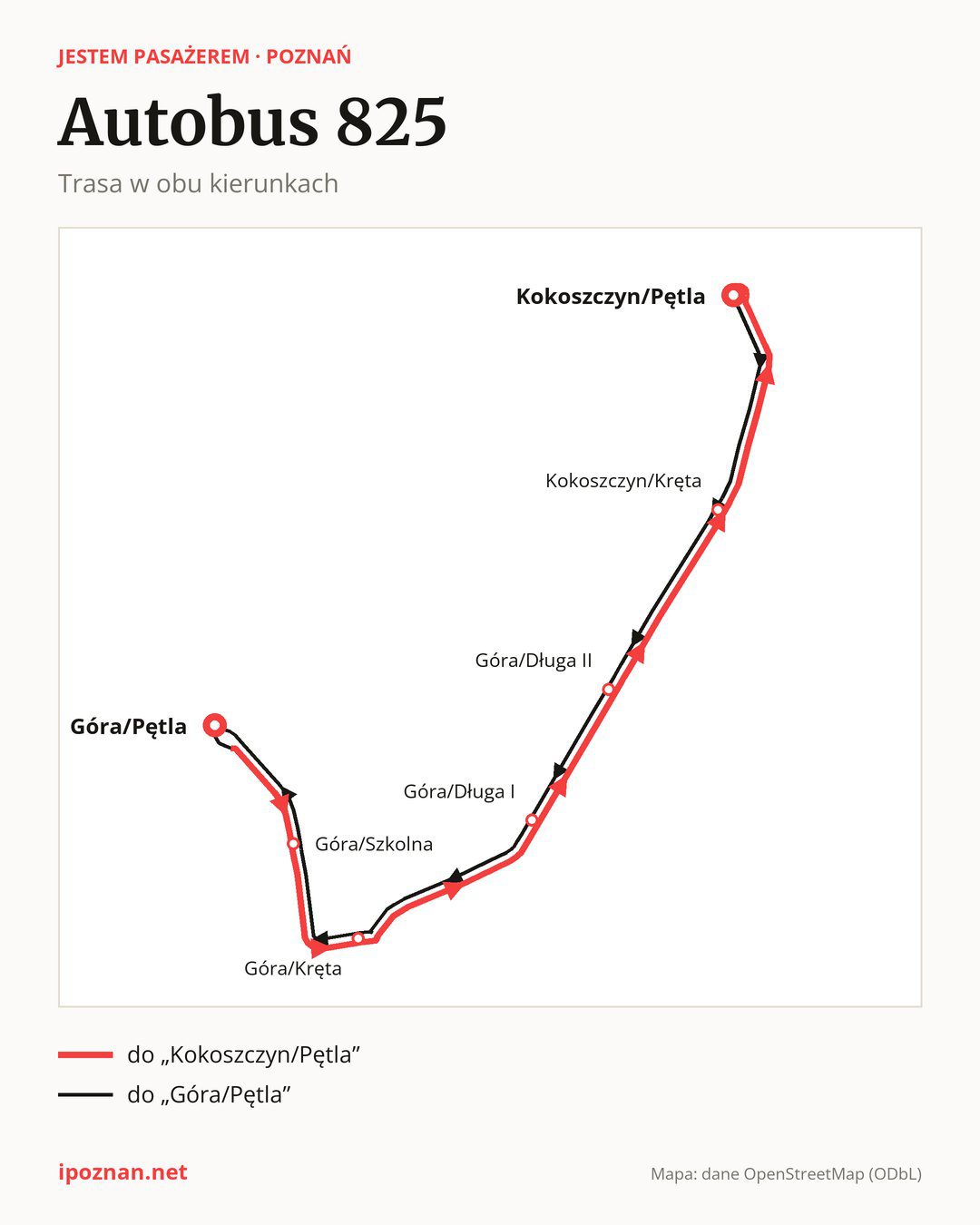 Autobus 825 w Poznaniu na mapie: trasa w obu kierunkach