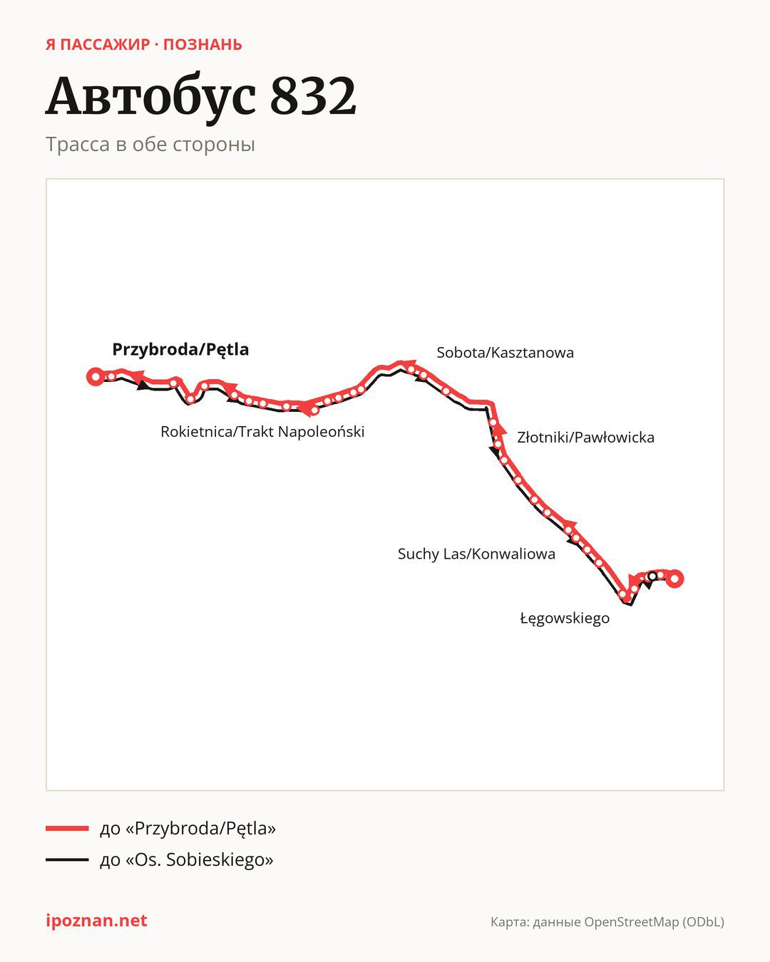 Автобус 832 в Познани на карте: трасса в обе стороны
