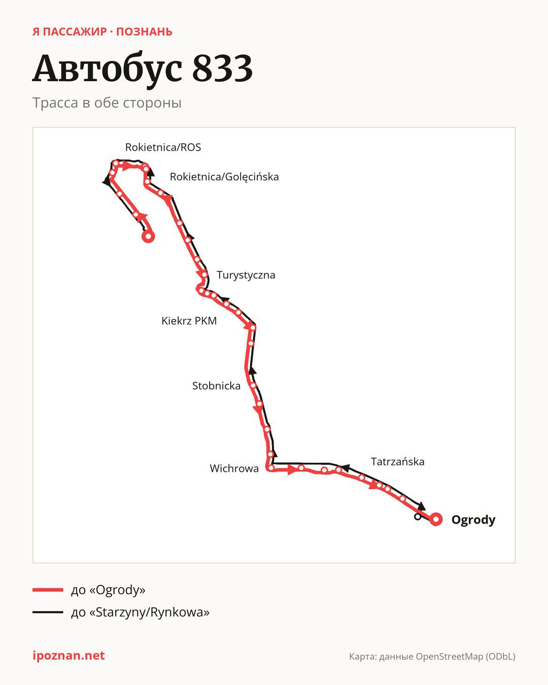Автобус 833 в Познани на карте: трасса в обе стороны