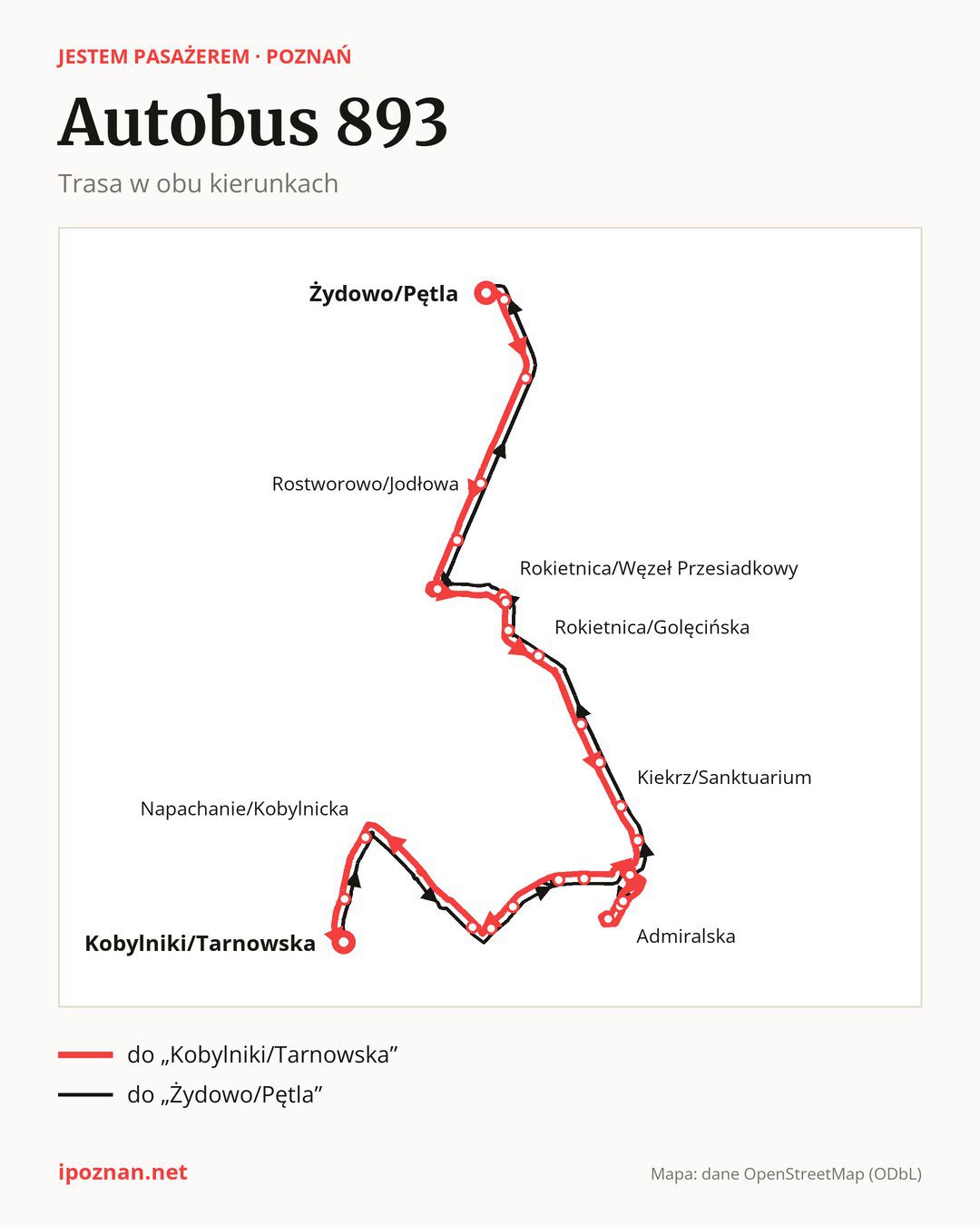 Autobus 893 w Poznaniu na mapie: trasa w obu kierunkach