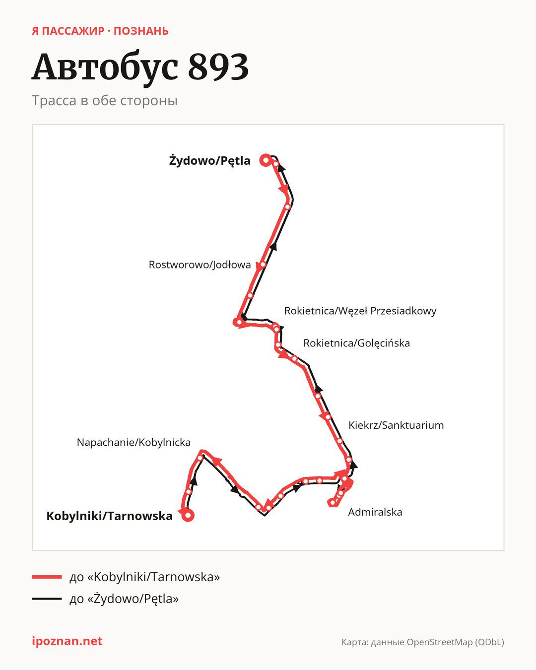 Автобус 893 в Познани на карте: трасса в обе стороны