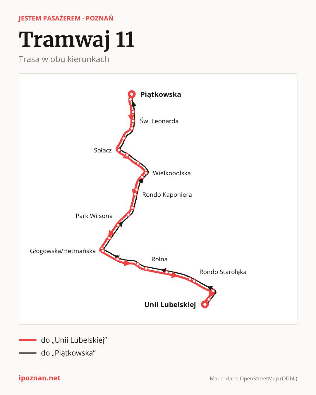 Tramwaj 11 w Poznaniu na mapie: trasa w obu kierunkach