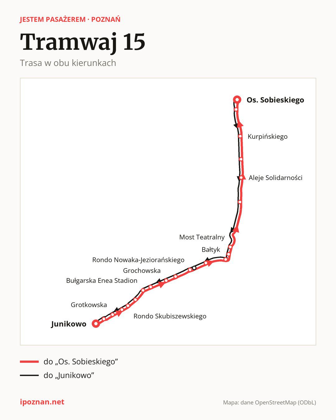 Tramwaj 15 w Poznaniu na mapie: trasa w obu kierunkach