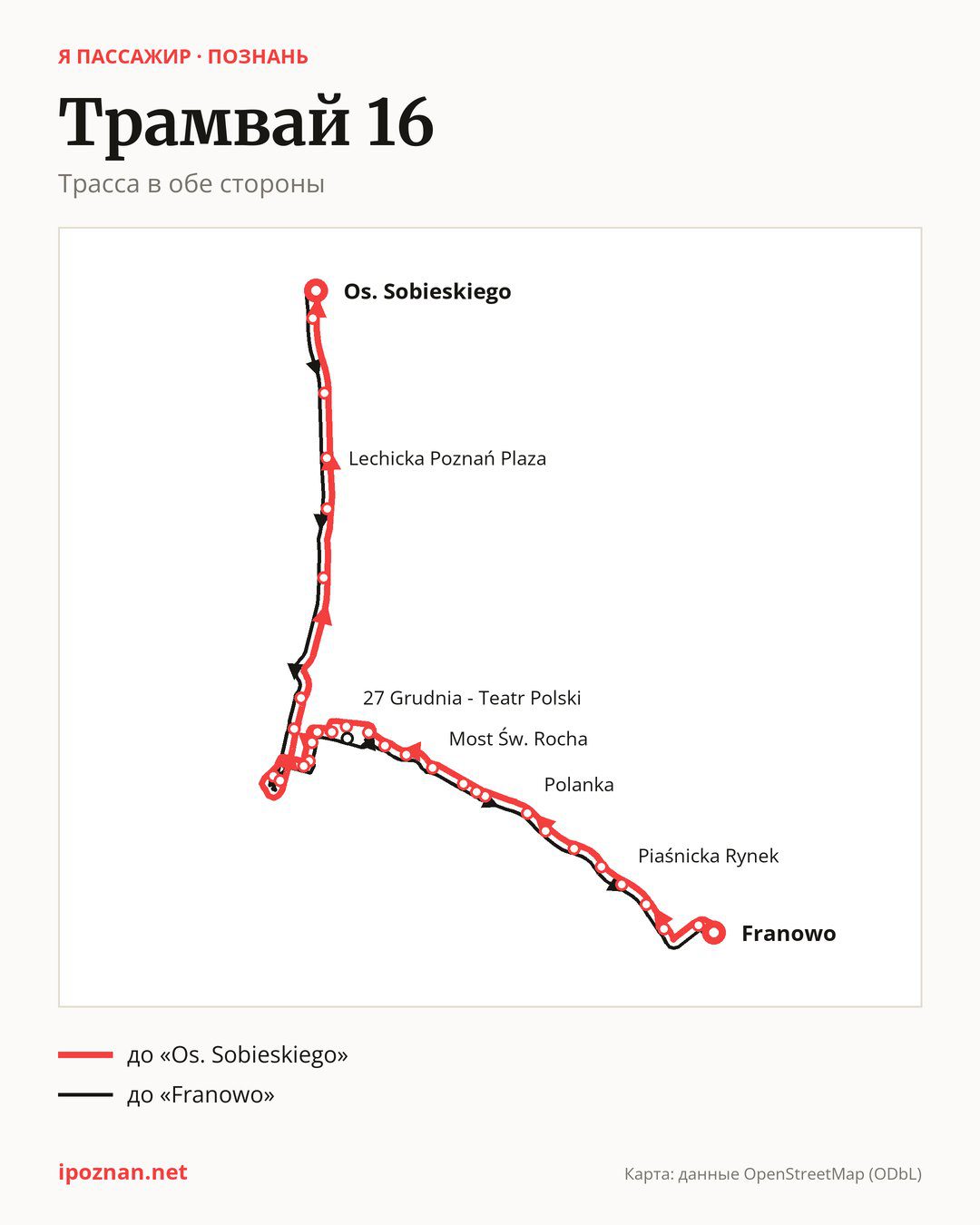 Трамвай 16 в Познани на карте: трасса в обе стороны
