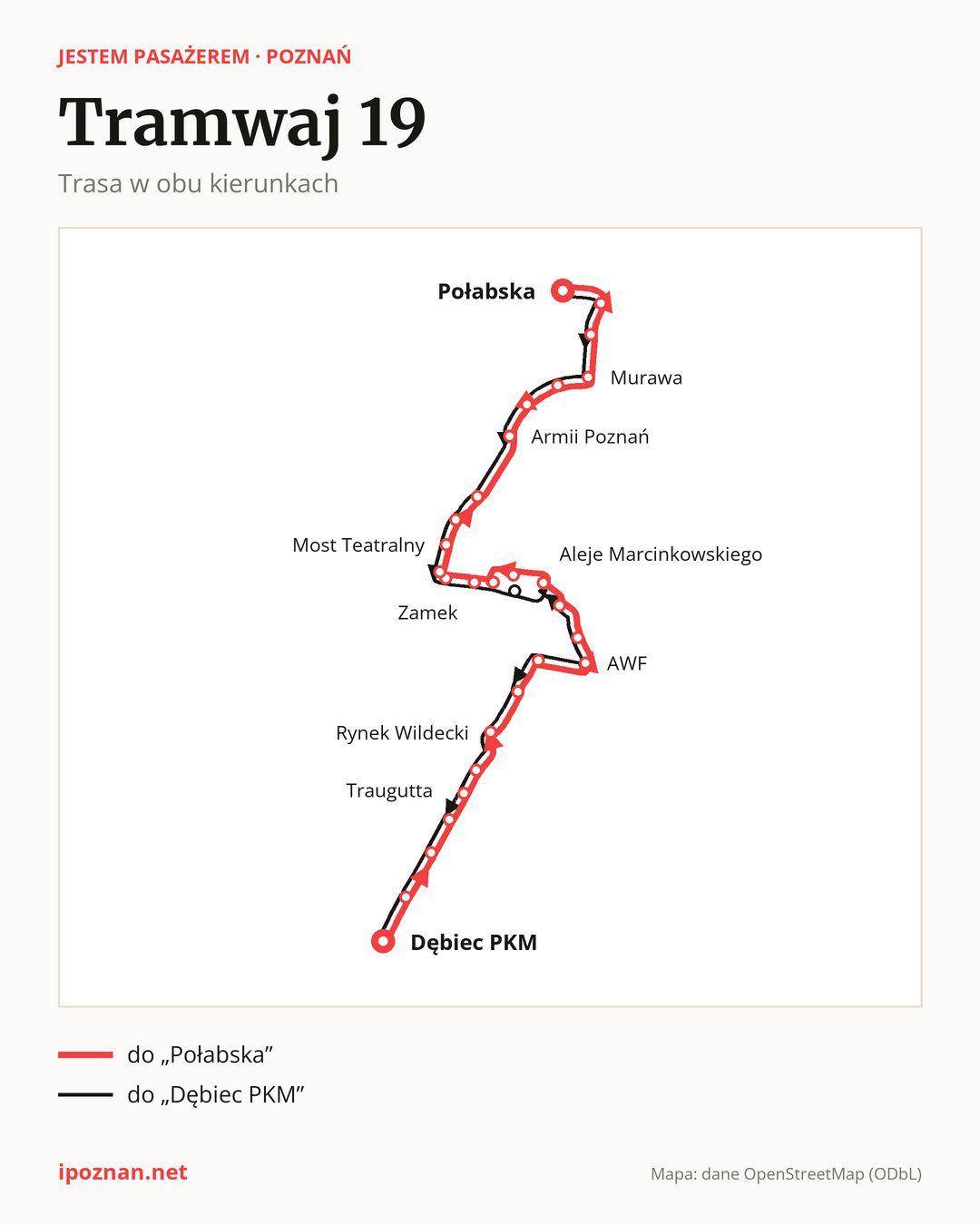 Tramwaj 19 w Poznaniu na mapie: trasa w obu kierunkach