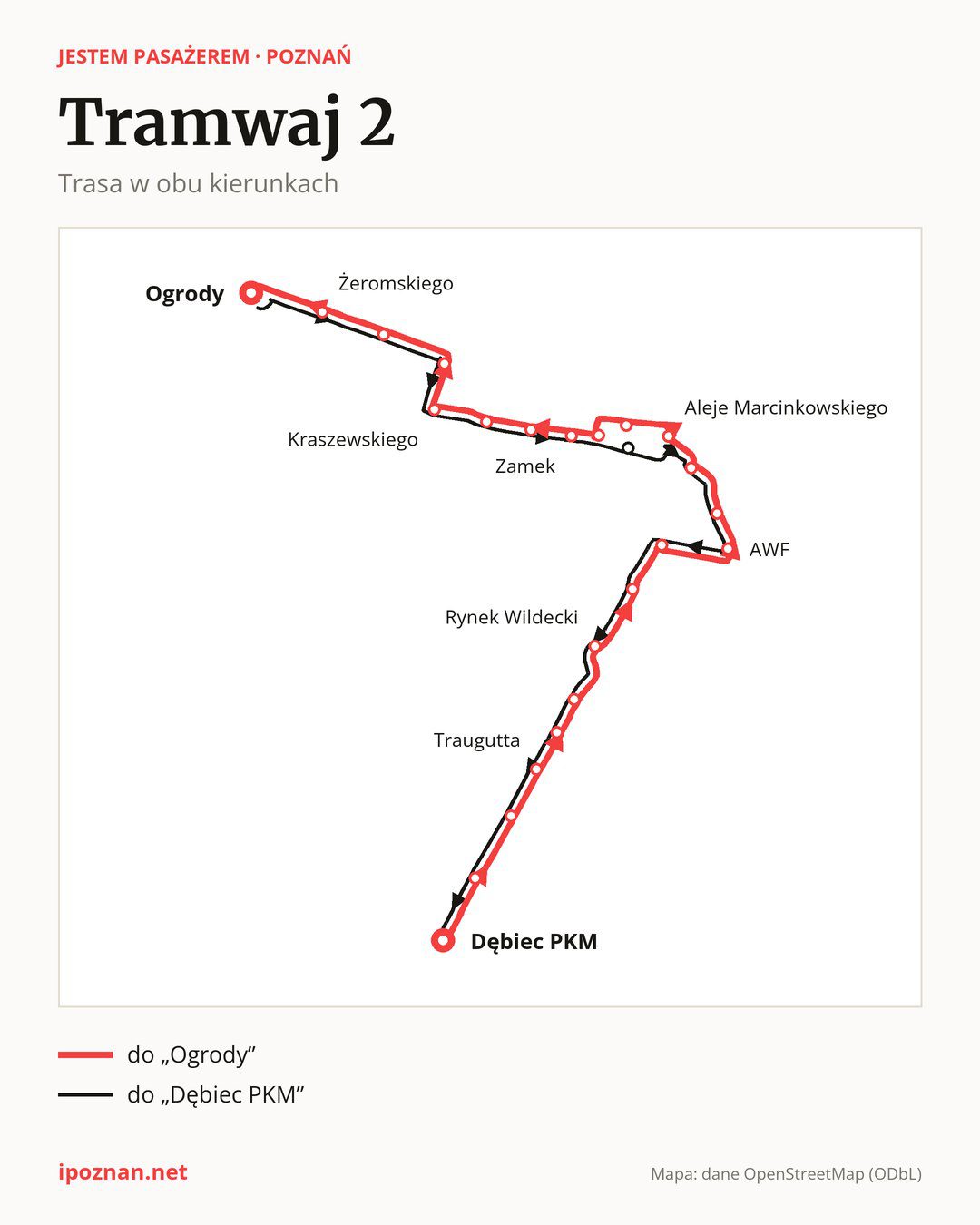 Tramwaj 2 w Poznaniu na mapie: trasa w obu kierunkach