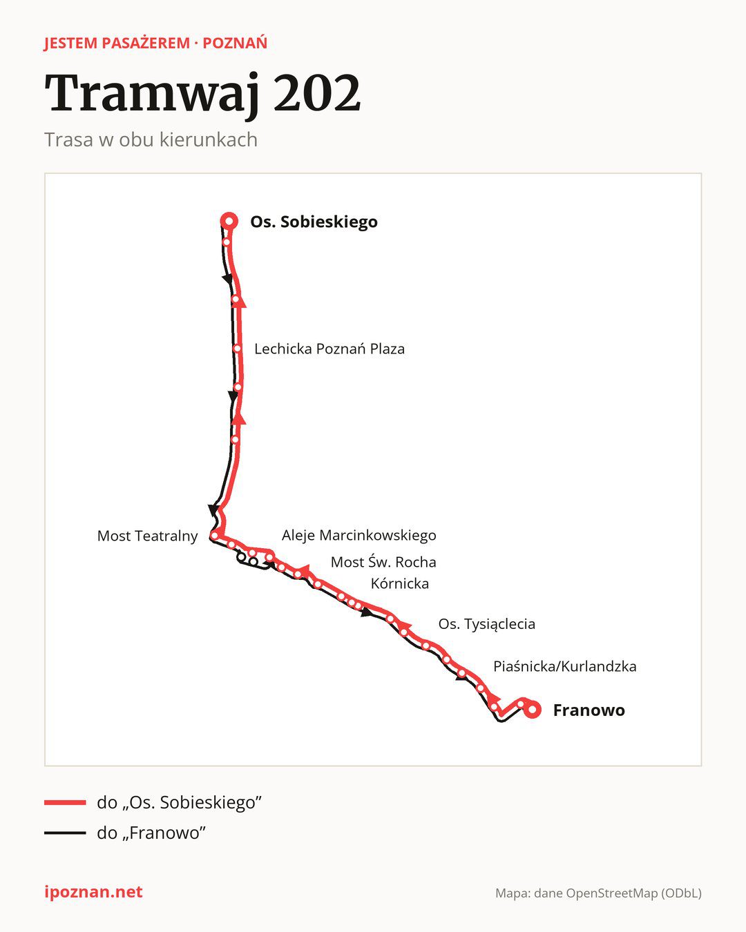 Tramwaj nocny 202 w Poznaniu na mapie: trasa w obu kierunkach